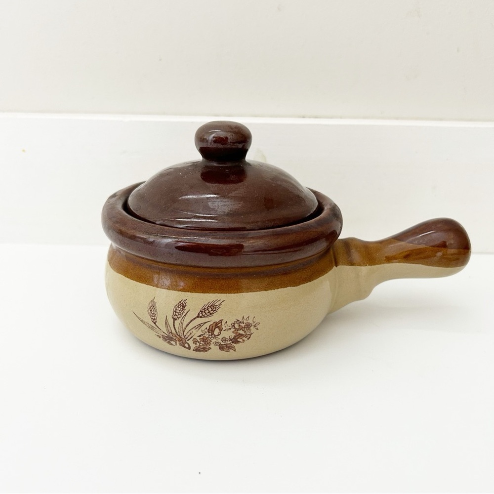 Unique Vintage Wheat Design Mini Soup Crock Neutral 3 Toned Brown